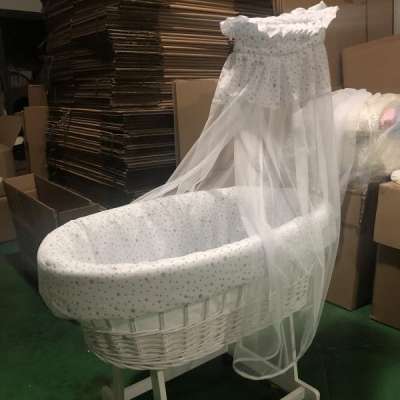 Baby White wicker basket Drape Bassinet with Castor